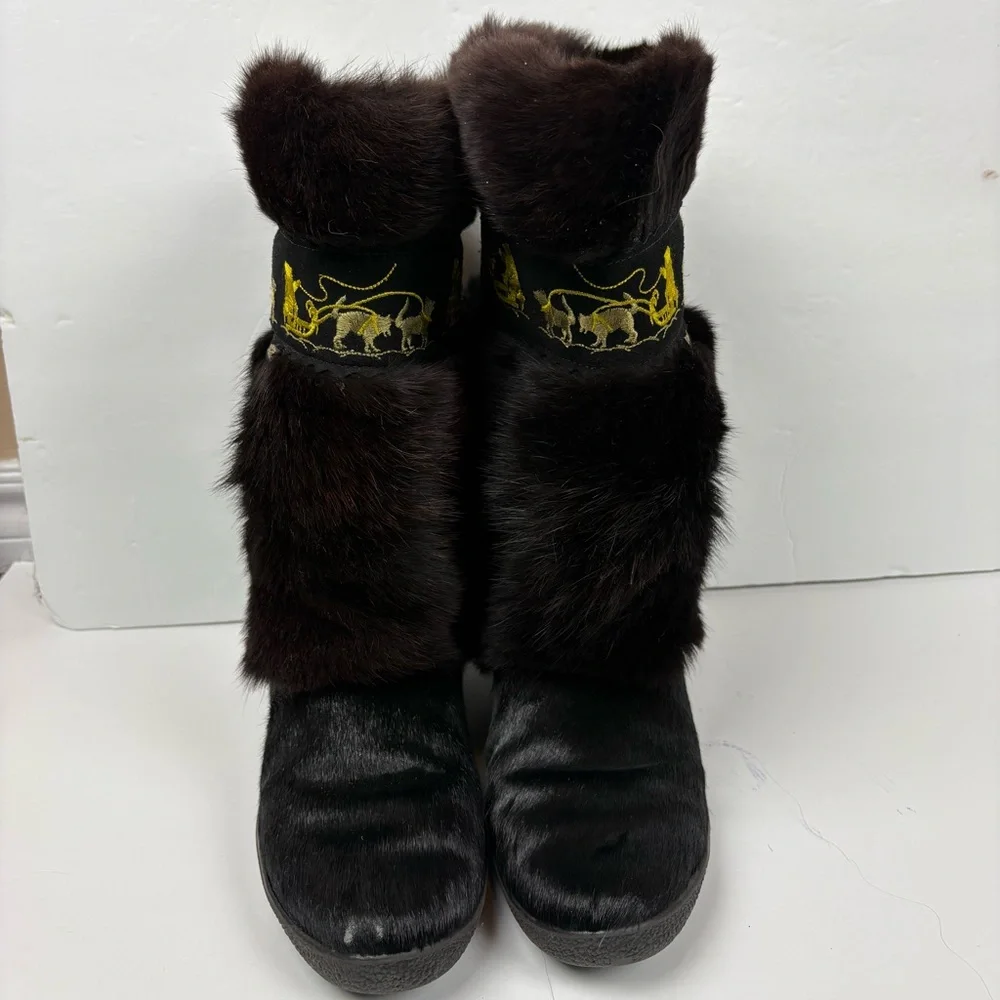 Vintage Oscar Sport Elisa Winna Black Fur Winter Snow Boots Gold Dogsleds 40